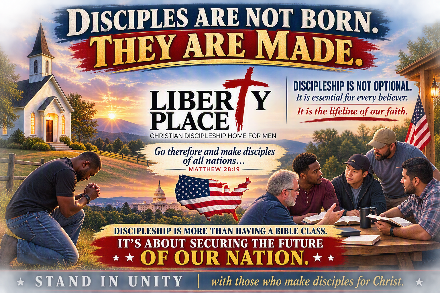 Disciples are not born, they are made. Liberty Place Christian Discipleship Home for Men. Discipleship is more than having a Bible class, it is about securing the future of our nation. Stand in unity with those who make disciples for Christ.